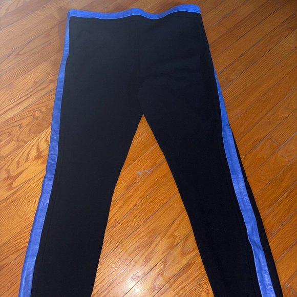 Diane Von Furstenberg Black Leggings with Blue Leather Trim Sz 12 - Picture 2 of 9